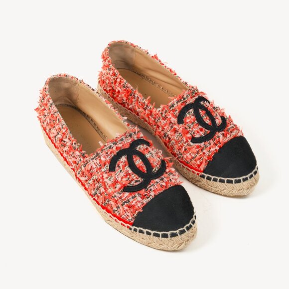 Chanel 21C Coral Tweed Grosgrain CC-Logo Espadrilles - Picture 1 of 13
